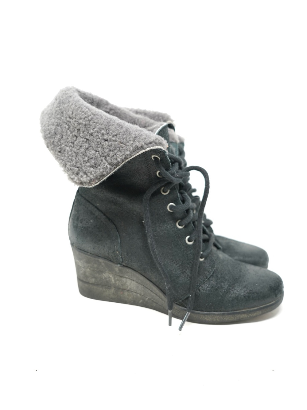 Ugg Zea Black Shearling Wedge Waterproof Lace Up Ankle Boots Size 7 Woman Shoe